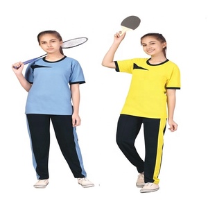 Girls School Children <b>Black</b> Round Neck T-Shirt with Track Pant and Blue <b>Pinafore</b> Dress Set for Sports Uniform - Product Image 3