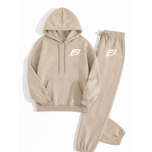 Conjunto Deportivo de Felpa Beige Unisex al por Mayor, Sudadera con Capucha y Pantalones Jogger, Fabricante de Ropa Deportiva Personalizada con Etiqueta Privada OEM B2B - Product Image 1