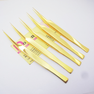 Pinzas para pestañas en forma de L, pinzas de etiqueta personalizada privada de acero inoxidable de calidad sostenible chapadas en oro para extensión de pestañas - Product Image 1
