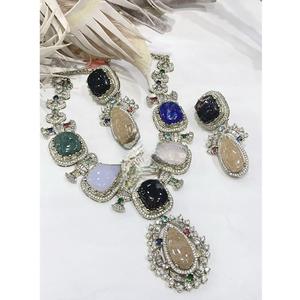 Stylish High Quality Delicate Semiprecious Stone Fusion Look <b>Necklace</b> Set Earrings for Women Designer Jewelry for Wedding Wear - Product Image 1