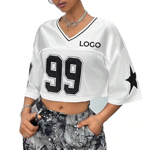 เสื้อฟุตบอลคอวีผ้าเจอร์ซีย์โอเวอร์ไซส์ผ้าครอปผ้าตาข่ายสำหรับผู้หญิงดีไซน์ใหม่ล่าสุด - Product Image 4