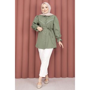 Khaki Lace-up Shirt <b>Fringe</b> Detail Poplin Cotton Khaki Women's <b>Tops</b> Ruffled Collar Button Casual Loose XS XL for Summer - Product Image 1