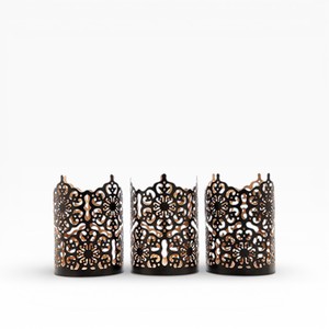 Set Of Three <b>Bronze</b> Finish Metal Votives <b>Candle</b> <b>Holders</b> With Elegant Scroll Cutwork Pattern - Product Image 3