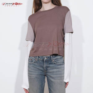 เสื้อยืดสองชั้นในสำหรับผู้หญิงเสื้อยืดสองชั้นแบบทูอินวันคอเสื้อและผ้าฝ้ายเนื้อนุ่มใส่สบายสไตล์สตรีทเสื้อยืดสองชั้นสำหรับผู้หญิง - Product Image 2