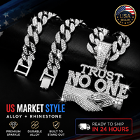 Collar con colgante de letras 'TRUST NO ONE' estilo Hip Hop, con incrustaciones de diamantes de imitación, de aleación de zinc con engaste de garra, estilo Hip Hop, tipo cadena Miami 'Iced Out' de fábrica