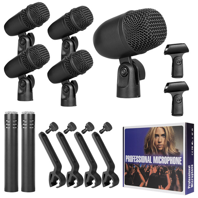 DM7 7-Piece Full Metal Dynamic Condenser Drum Microphone Kit with Noise Cancelling XLR Connector for Stage Live Studio Recording