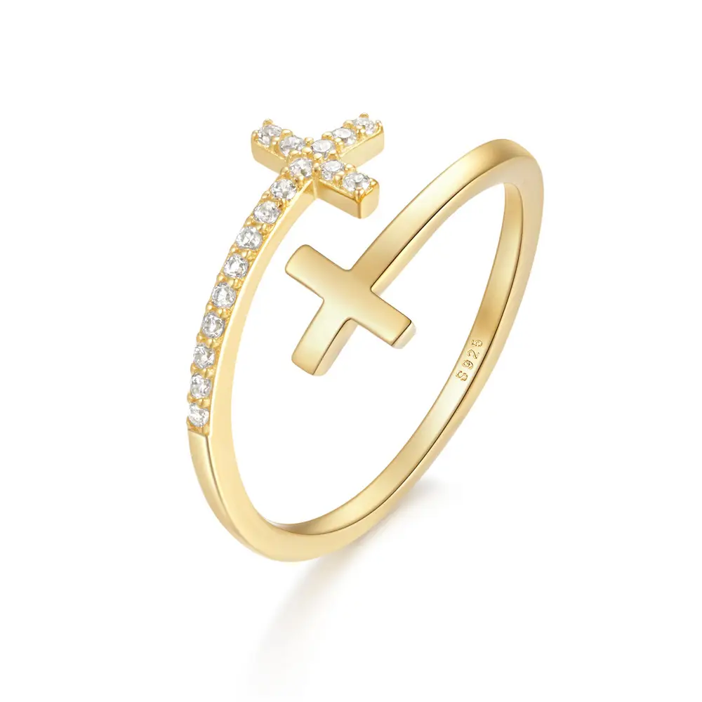 CANNER Popular 925 Sterling Sliver Diamond Double Cross Ring 18K Gold Color Opening Anillo de bodas ajustable para mujeres Regalos