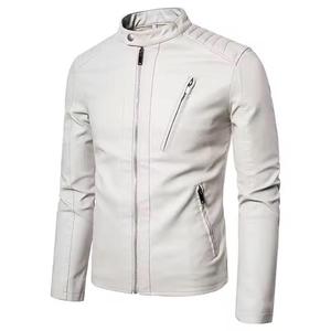 Recién llegado, chaqueta de cuero de invierno de talla grande con cuello levantado, logotipo personalizado, bolsillo con cremallera, abrigo de motocicleta teñido liso - Product Image 2