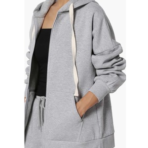 Sweat-shirt zippé en molleton écologique 100 % coton pour femme, coupe décontractée à épaules tombantes, col en V, avec poche avant - Product Image 4