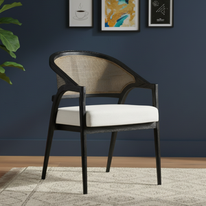 Modern Solid Mahogany Wood Cane Back <b>Dining</b> <b>Chair</b> <b>Brown</b> Finish Upholstered Armchair Cushion Seat Simple Design Home Hotel - Product Image 1