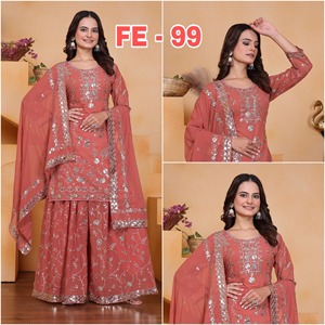 Presentación de nuevo diseñador bordado Faux Georgette Orange Sharara Suit con Secuencia bordada trabajo exclusivo fiesta boda - Product Image 3