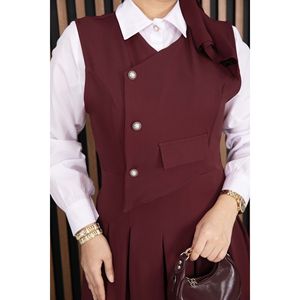 Conjunto de Dos Piezas de Crepé Borgoña para Mujer, Elegante Camisa de Manga Larga con Detalle Plisado y Chaleco, Talla XS para Oficina, MOQ 2 Piezas - Product Image 4