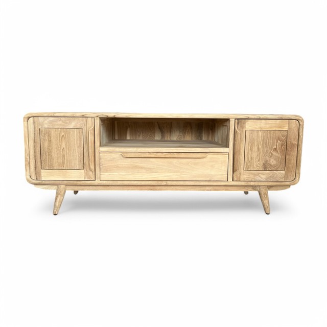 Solid Unfinished Teak Wood TV Unit Cabinet Media Console Stand Storage Scandinavian Design Eco-Friendly Workshop Warehouse