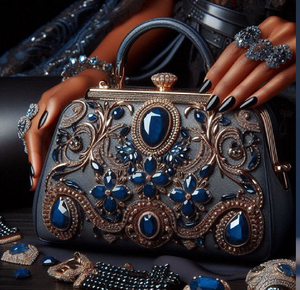 Bolso de mano con forma de frasco de perfume con incrustaciones de joyas de esmeralda. Disponible a precios de mayoreo. - Product Image 3