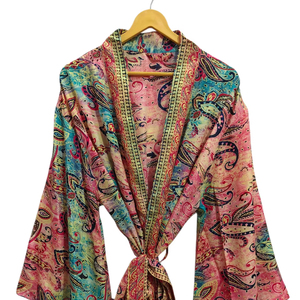 <b>Silk</b> <b>Kimono</b> For Woman's Woman Night Wear Long Robe, Floral Print Indian Vintage Recycled <b>Silk</b> Sari <b>Kimono</b>, - Product Image 1
