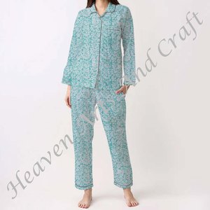 Ensemble de pyjama pour femmes 100% coton, vêtements de maison doux, ensemble de pyjama printemps/été, motif floral/CHARACTERE/Lettre/Motif/Vacances/Arbre, PJ127 - Product Image 1