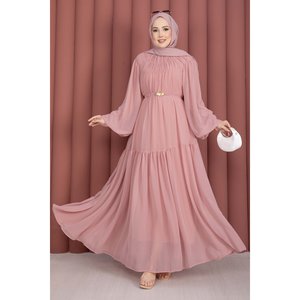 Vestido de Gasa Rosa Palo con Cinturón con Detalle Fruncido, Corte Imperio y Silueta en A Discreta - Product Image 1