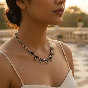 Collier en argent 925 pour femmes avec pierre précieuse en onyx noir, bijoux de mode - Product Image 2