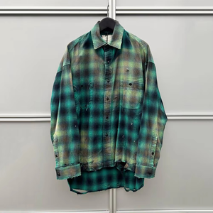 Camisa informal de manga larga de algodón 100% para hombre, logotipo bordado personalizado, franela lavada con ácido a cuadros grande, transpirable antiarrugas para el sol - Product Image 1