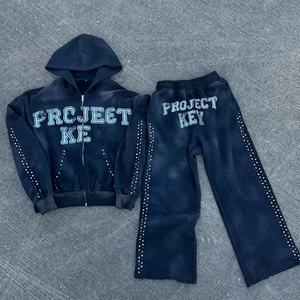 Custom Tracksuit Jogger Set High Quality Mens Flared Sweatpants and Hoodie Set Cotton sweatsuit Zip up <b>rhinestone</b> Hoodie Set - Product Image 5