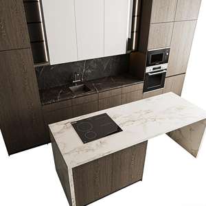 Armoires <span class=keywords><strong>de</strong></span> cuisine modulaires KEJIA <span class=keywords><strong>de</strong></span> luxe en bois foncé et en marbre blanc avec îlot en cascade pour projets <span class=keywords><strong>de</strong></span> villas haut <span class=keywords><strong>de</strong></span> gamme - Product Image 2