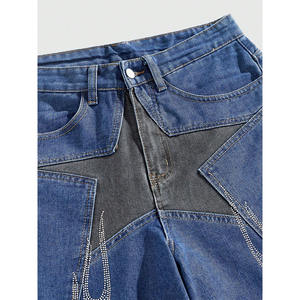 Short en jean bicolore à motif flamme avec strass personnalisé Short en jean Streetwear à coupe ample avec écusson étoile Hip Hop pour homme - Product Image 3