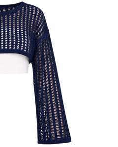 Customized <b>Navy</b> <b>Blue</b> Crochet Knit Cropped Sweater <b>Women</b> Openwork Flare Sleeve Lightweight Fashion Top For Spring Summer - Product Image 3