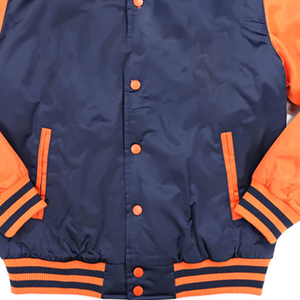 Chaqueta Bomber de Béisbol Varsity Personalizada Azul Marino y Naranja para Hombre, Unisex, Primavera, Seda/Algodón, Logotipo Frontal, Estilo Clásico Universitario - Product Image 2