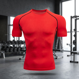 T-shirt de compression rouge à manches courtes pour homme, coupe ajustée, séchage rapide, col rond, en polyester tricoté, style sportif - Product Image 3