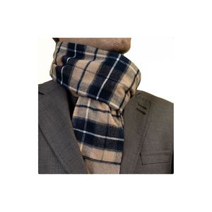 Beige <b>Navy</b> Blue Plaid Pattern Double Sided Scarf - Product Image 1