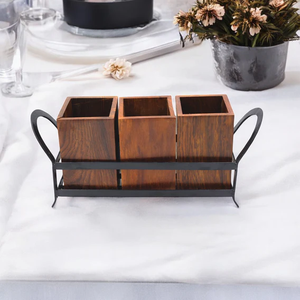 Wooden & Wrought Iron Cutlery Stand with 3 Wooden Jars Elegant Dining <b>Table</b> Cutlery Holder wood <b>spoon</b> containers - Product Image 5