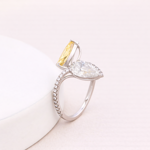 IGI Certified Pear Cut Yellow & White Lab Grown Diamond <b>Two</b> <b>Stone</b> Engagement <b>Ring</b> Solid 925 Sterling Silver Halo <b>Ring</b> - Product Image 3