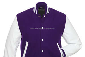 Chaqueta universitaria unisex bordada en blanco y morado, cuerpo de lana listo, Mangas de cuero, cierre de botón a presión para primavera - Product Image 6