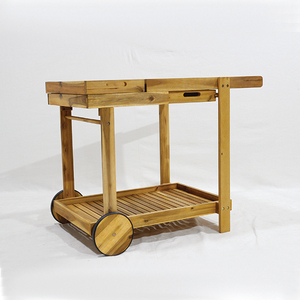 Carro de barra de madera de acacia portátil con estante de almacenamiento y parte superior de bandeja extraíble para comedor interior al aire libre - Product Image 2