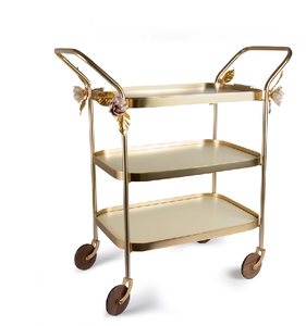 Carrito de Servicio de Dos Niveles de Metal Dorado Vintage y Vidrio Transparente, Ruedas Grandes de Madera, Estilo de Mediados de Siglo, Disponible a Precio de Mayoreo - Product Image 2