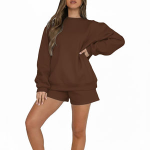 Nouveauté Ensemble femme deux pièces en coton tricoté léger, haut à manches longues et short, couleur unie, respirant, genou, vente en gros OEM - Product Image 5