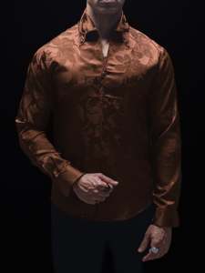 Mud Brown Floral Jacquard Cooper Collar Camisa de manga larga y resistente a las arrugas Estilo cocido ligero para Primavera/Verano - Product Image 2