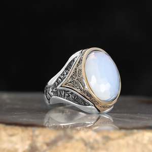 Anillo Azuris de Alta Calidad Estilo Otomano en Plata de Ley 925 para Hombre, Joyería de Moda con Piedra de Ágata Yemenita Natural, Hecho en Turquía - Product Image 1