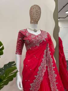 ผ้าส่าหรีผ้าไหมที่ออกแบบสวยงามพร้อมด้ายและลำดับการทำงานสำหรับงานปาร์ตี้ - Product Image 3