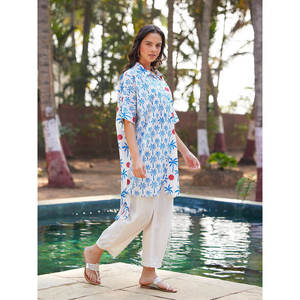 Vintage Oversized Asymmetrical Long <b>Shirt</b>-Loose Fit Poplin & Knitted Fabric Button Detail Casual <b>Western</b> Style - Product Image 2