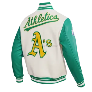 เสื้อคลุมสไตล์วินเทจคลาสสิก ผ้าริบขนสัตว์ คอตั้ง ปักโลโก้ด้านหน้า แขนหนังสีเขียว สไตล์ลำลองสำหรับผู้ชาย ใส่ได้ในฤดูหนาว - Product Image 3