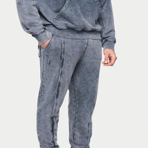 Custom Oversized Streetwear Unisex Vintage Acid Solid Windproof Gym Set Hoodie and Joggers Stone <b>Wash</b> Sweatpants Tracksuits - Product Image 3