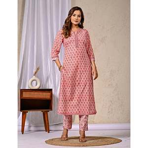 ชุดคุรตะผ้าฝ้ายพิมพ์ลายพีชพร้อมเสื้อชีฟองแขนสามส่วนสำหรับใส่ในชีวิตประจำวัน - Product Image 3