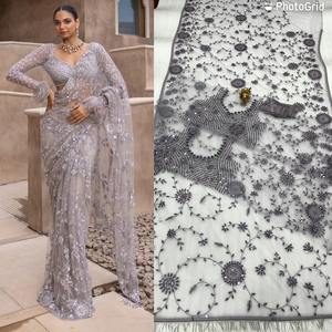 Filet Mono de conception Bollywood lourd avec fabricant de saree de broderie de paillettes de l'Inde au taux le plus bas - Product Image 1