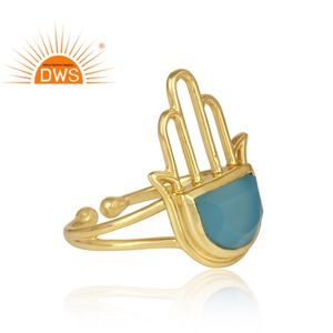 Best Selling Sterling Silver 18K Gold Plated Natural Blue Chalcedony Gemstone Hamsa Design <b>Adjustable</b> <b>Ring</b> Jewelry Manufacturer - Product Image 4