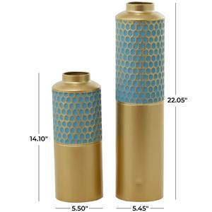 Vase haut en or de qualité supérieure avec des accents en nid d'abeille bleu, idéal pour les arrangements floraux de mariage et la décoration d'événements, vente en gros en provenance d'Inde - Product Image 3