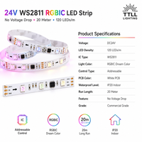 Tidak Ada Penurunan Tegangan 20 Meter 24V WS2811 RGBIC LED Strip 120leds/m Lampu Strip LED RGBIC Alamat LED Strip Kelas Komersial