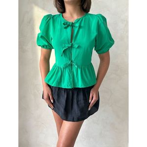 Blusa de Popelina con Lazo Frontal Color Esmeralda para Mujer, Marca Topshow, Camisa de Moda al Por Mayor - Product Image 2