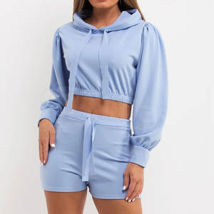 Design personnalisé pour l'extérieur, ensemble de sweats à capuche courts, ensemble de sweats à capuche confortables et de couleur unie pour femmes - Product Image 1