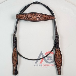 Vente en gros d'équitation Western têtière en cuir usiné à la main licou durable en cuir de vache véritable Type de rêne équipement de course de chevaux - Product Image 1
